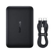 Black power bank and cable with baseus branding on a white background