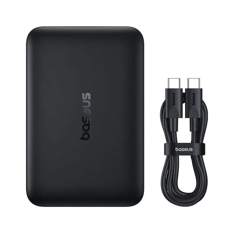 Black power bank and cable with baseus branding on a white background