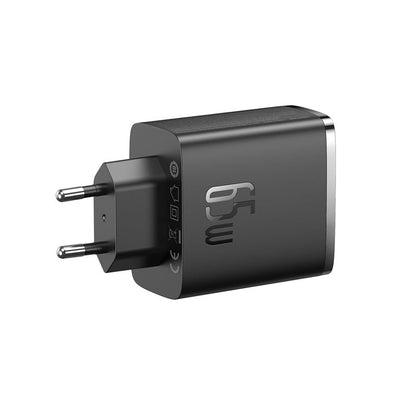 Black power adapter with USB-C port on a white background