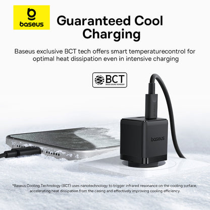 Baseus charging device with text about guaranteed cool charging technology on a white background