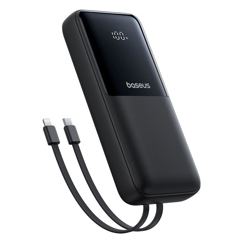 Black power bank with USB-C cable on a white background, featuring the Boseus brand.