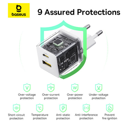 Baseus power adapter with 9 assured protections on a white background