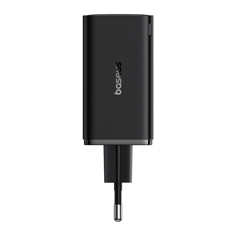 Black USB-C charger with 'baseus' branding on a white background