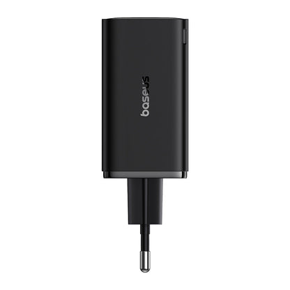 Black USB-C charger with 'baseus' branding on a white background