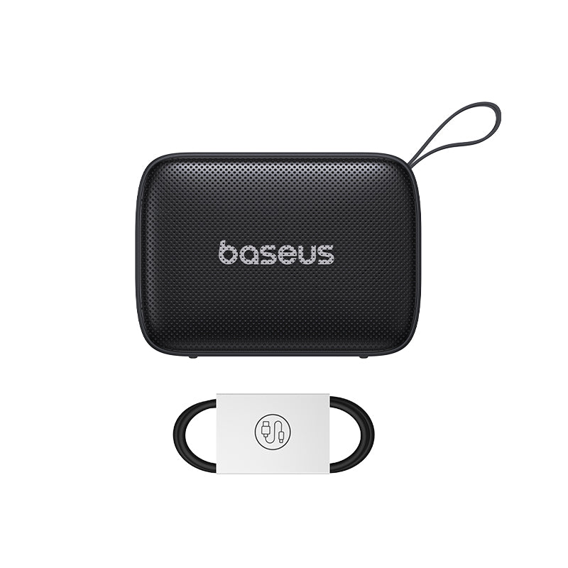 Black portable speaker with baseus branding on a white background
