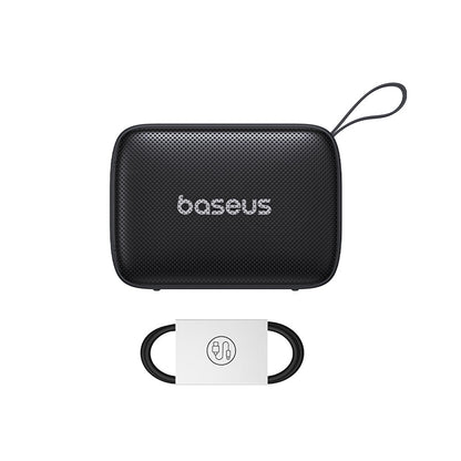 Black portable speaker with baseus branding on a white background