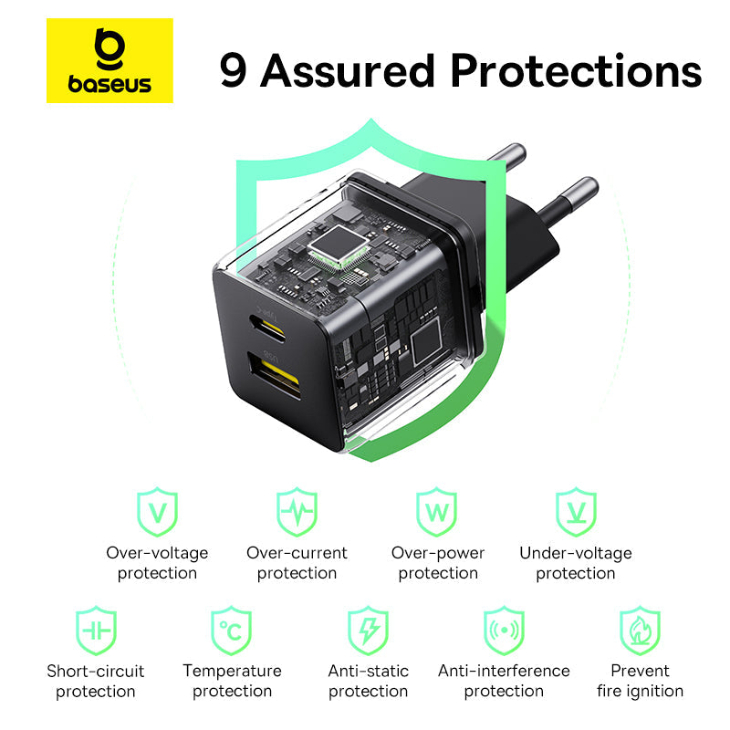 Baseus power adapter with 9 assured protections on a white background