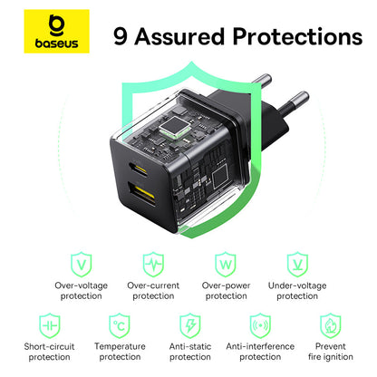 Baseus power adapter with 9 assured protections on a white background