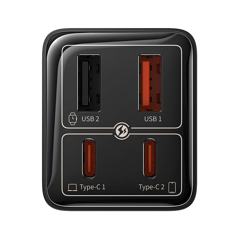 Black multi-port charging adapter with USB and Type-C ports on a white background
