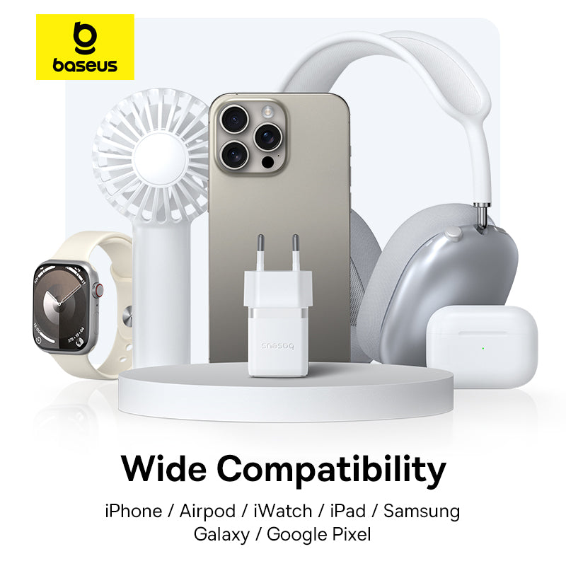 Baseus product set including phone, watch, headphones, and charger with compatibility text on a white background.