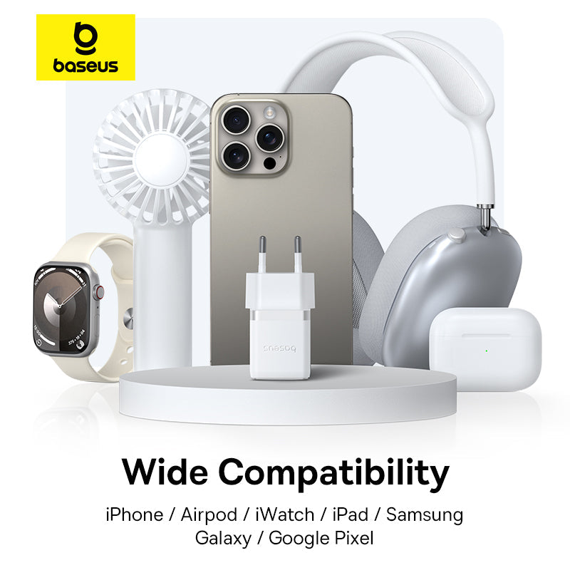 Baseus product set including phone, watch, headphones, and charger with compatibility text on a white background.