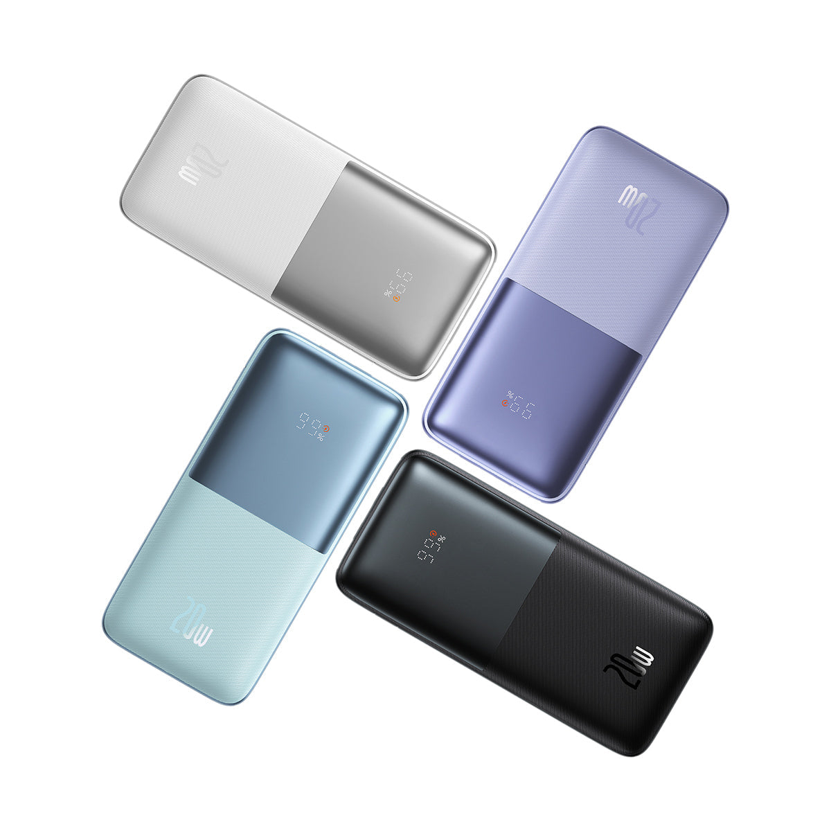 Four power banks in different colors on a white background
