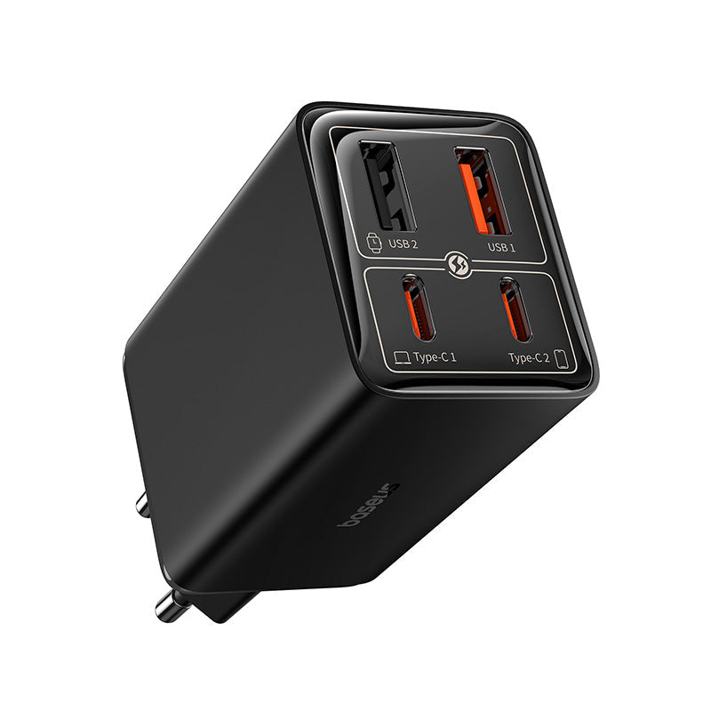 Black multi-port charging adapter with USB and Type-C ports on a white background