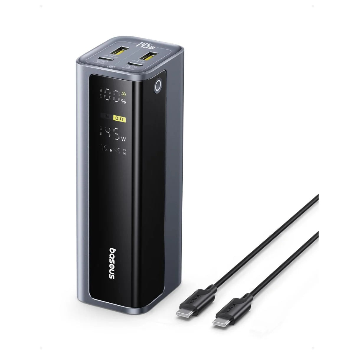 Black power bank with digital display and USB cable on a white background