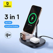 Baseus 3-in-1 charging stand with smartphone, smartwatch, and wireless earbuds on a light blue background.
