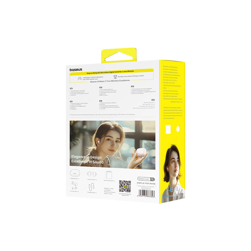 Bose wireless earbuds packaging with a woman using earbuds on a white background