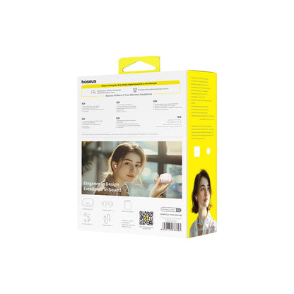 Bose wireless earbuds packaging with a woman using earbuds on a white background