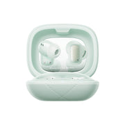 Mint green wireless earbuds in a matching case on a white background