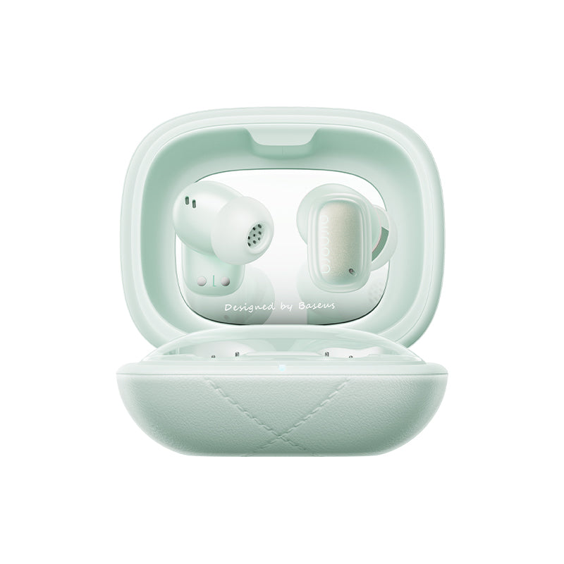 Mint green wireless earbuds in a matching case on a white background