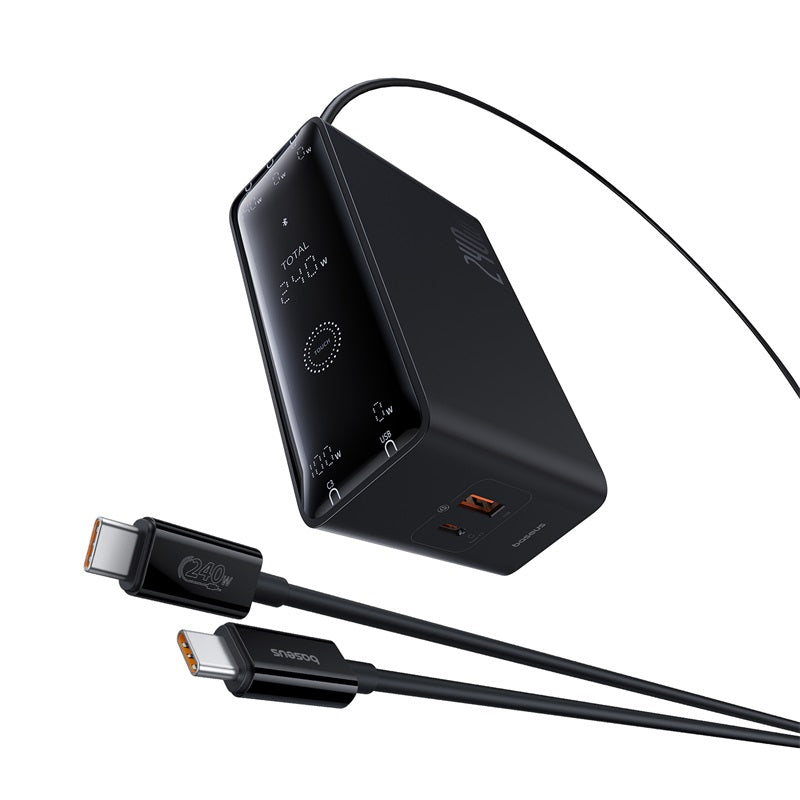 Baseus Digital GaN Intelligent Desktop Fast Charger 3C+U+DC 240W EU Cluster Black (With:DC-DC Charging Cable 240W 1m Black) on white background