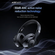Black headphones with active noise reduction technology on a dark background, featuring the brand 'ACEFAST'.
