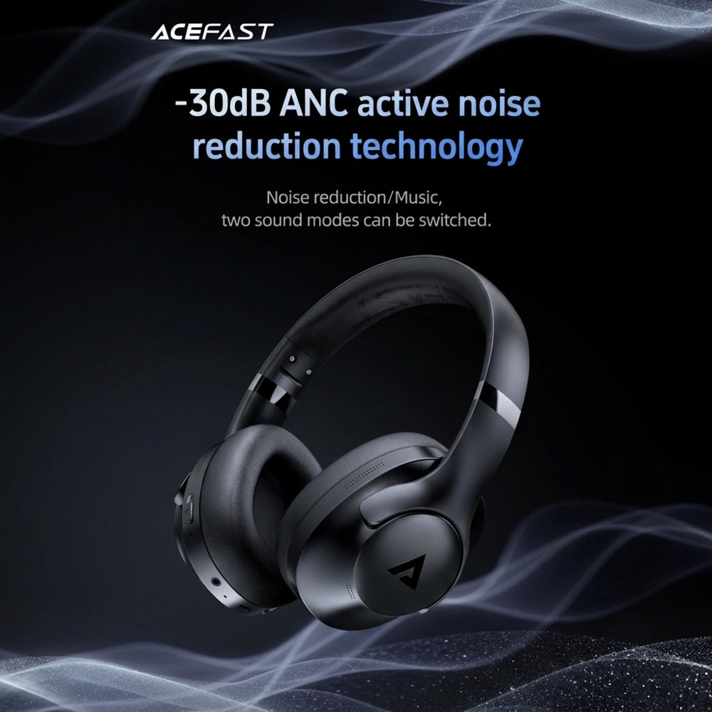 Black headphones with active noise reduction technology on a dark background, featuring the brand 'ACEFAST'.