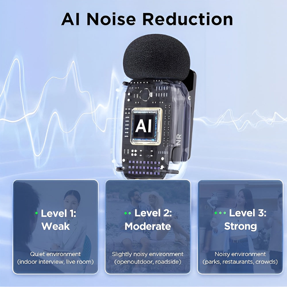 Microphone with AI noise reduction technology on a blue background