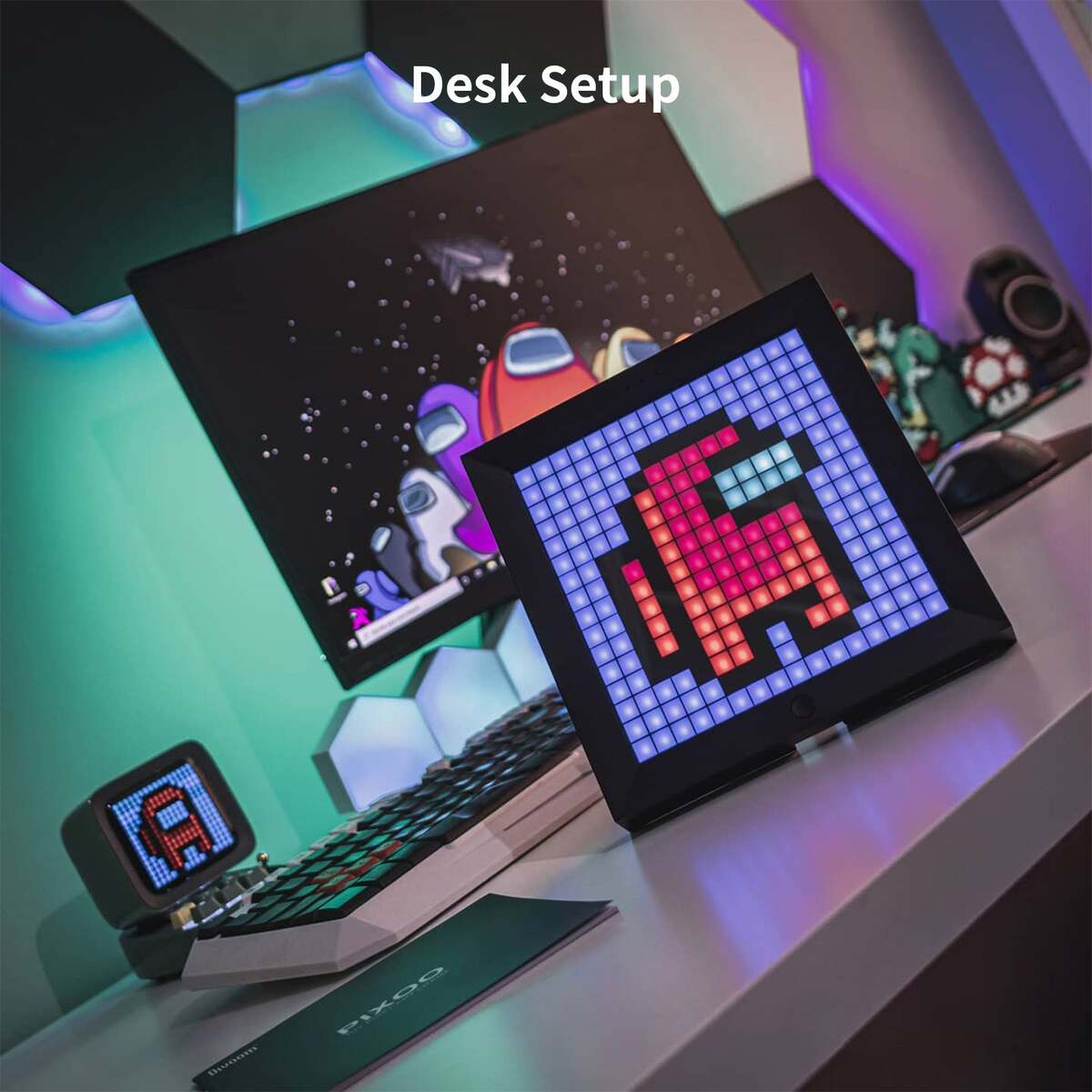 Pixel art desk setup with digital displays on a desk.