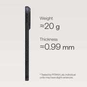 PITAKA Ultra‑Slim Aramid Fibre Case for iPhone 17 Pro Max Black phone case with weight and thickness specifications on a light gray background