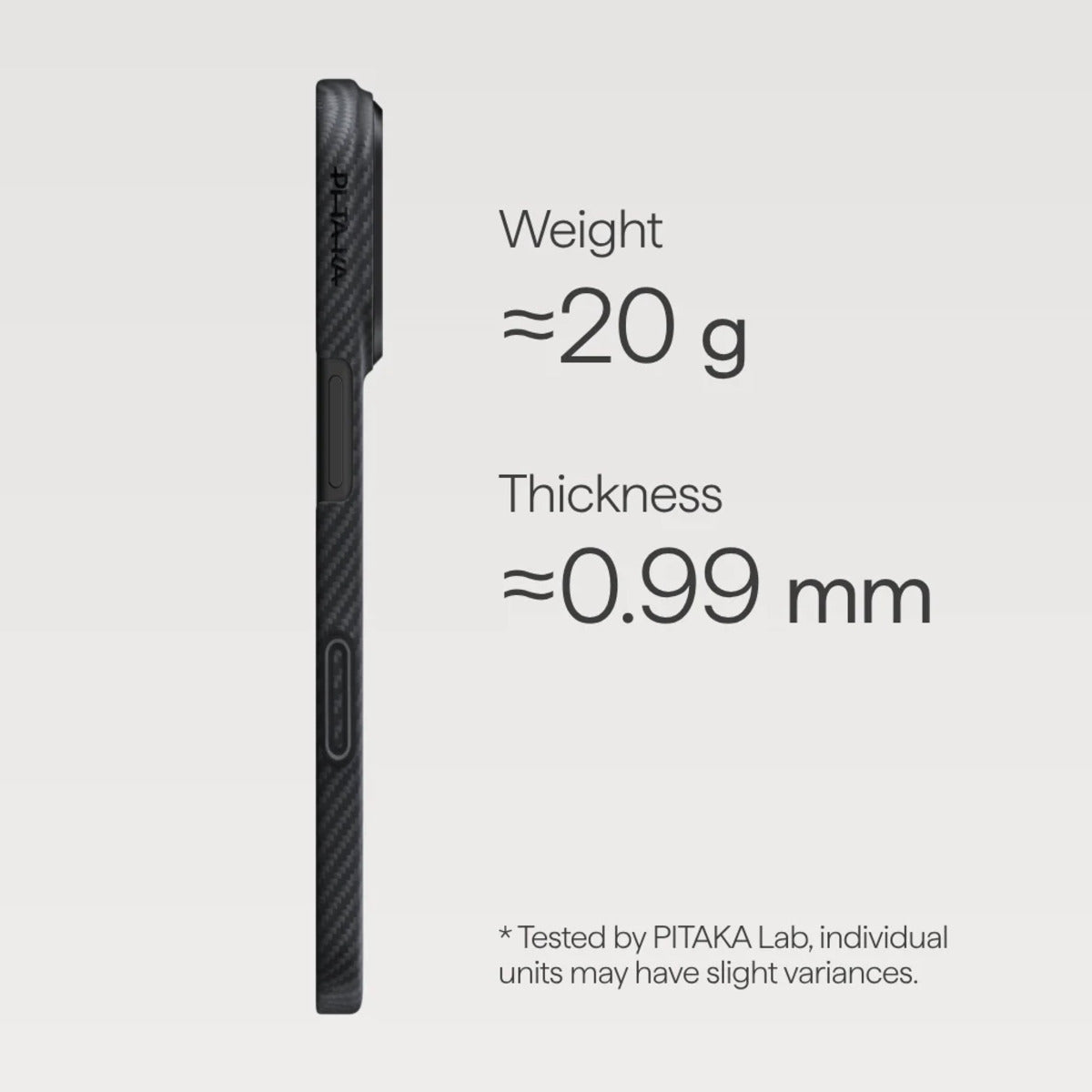 PITAKA Ultra‑Slim Aramid Fibre Case for iPhone 17 Pro Max Black phone case with weight and thickness specifications on a light gray background