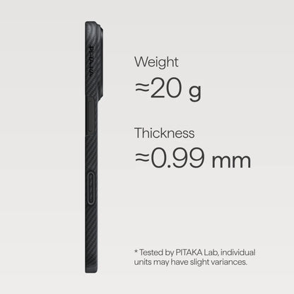 PITAKA Ultra‑Slim Aramid Fibre Case for iPhone 17 Pro Max Black phone case with weight and thickness specifications on a light gray background
