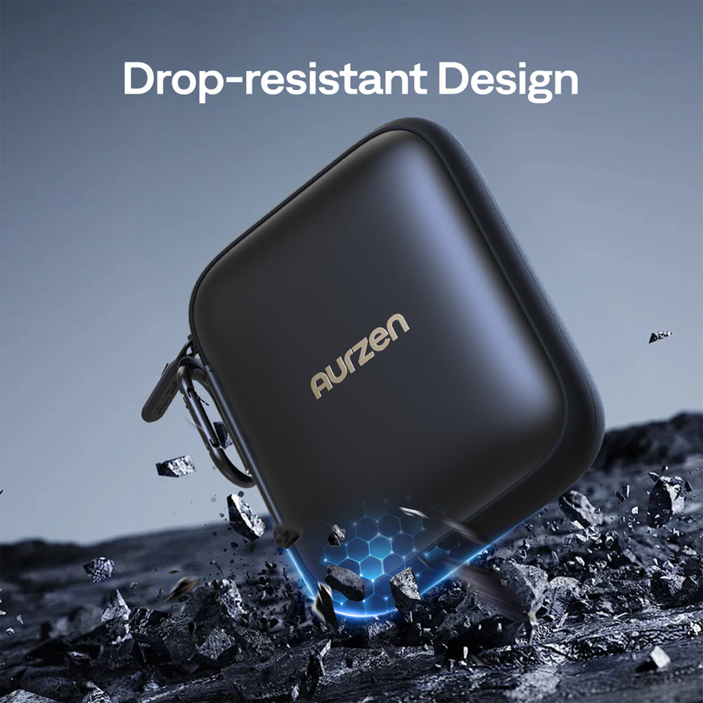 Black Aurzen case being dropped onto rocks with 'Drop-resistant Design' text above.