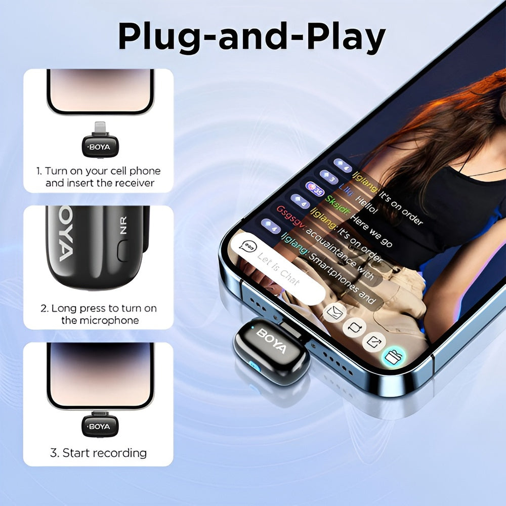 BOYA wireless earbud setup with smartphone on a blue gradient background