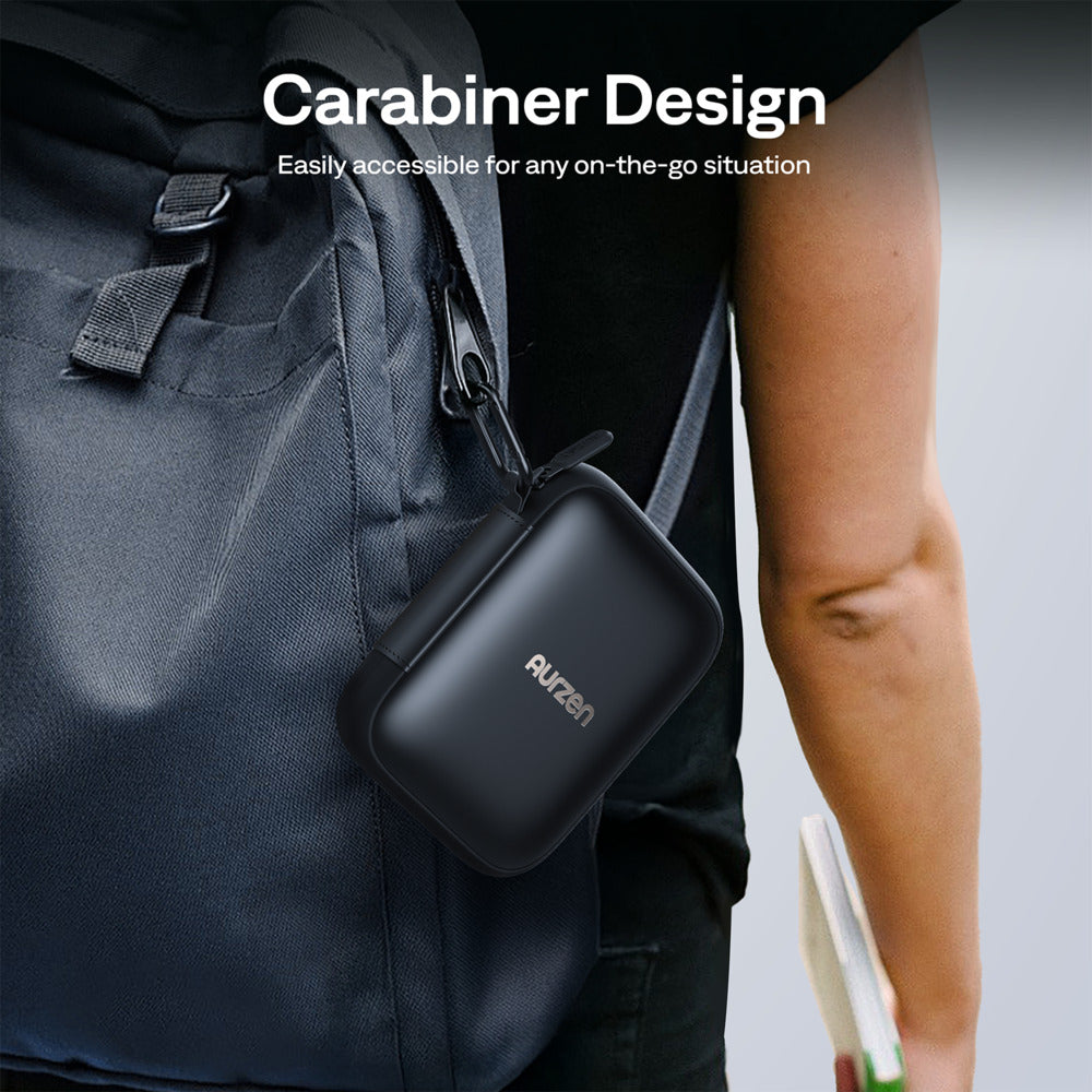 Black carrying case attached to a backpack with 'Auzen' branding, on a blurred background.