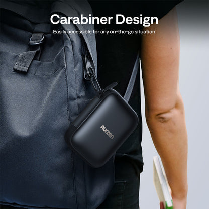 Black carrying case attached to a backpack with 'Auzen' branding, on a blurred background.