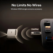 Wireless HDMI dongle accessory with 'No Limits No Wires' text on a dark background