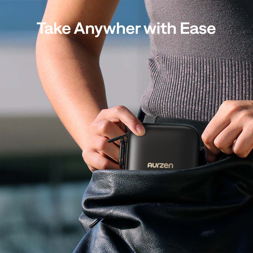 Person holding a black pouch with 'Aurzen' branding, text 'Take Anywher with Ease' above.