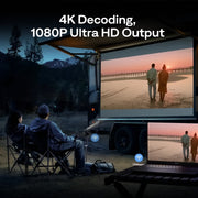 Two people watching a screen outdoors with 4K decoding and 1080P ultra HD output.