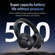 Black headphones with text about super capacity battery life on a dark background