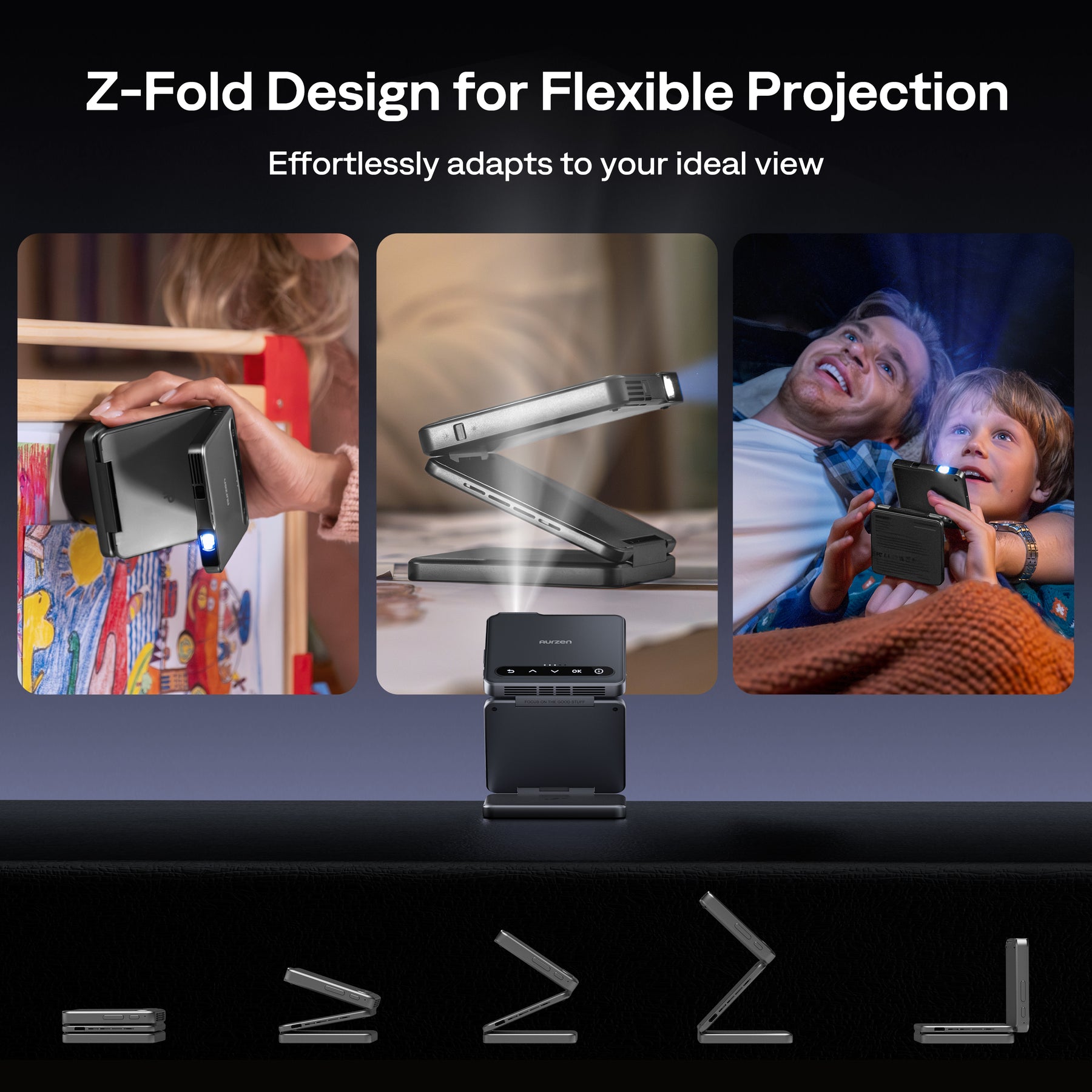 Aurzen ZIP Tri‑Fold Portable Projector (720p HD, AirLink, 1.5H Battery)