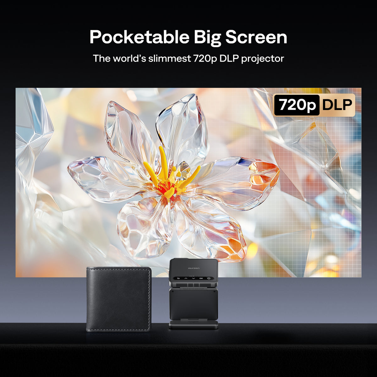 Aurzen ZIP Tri‑Fold Portable Projector (720p HD, AirLink, 1.5H Battery)