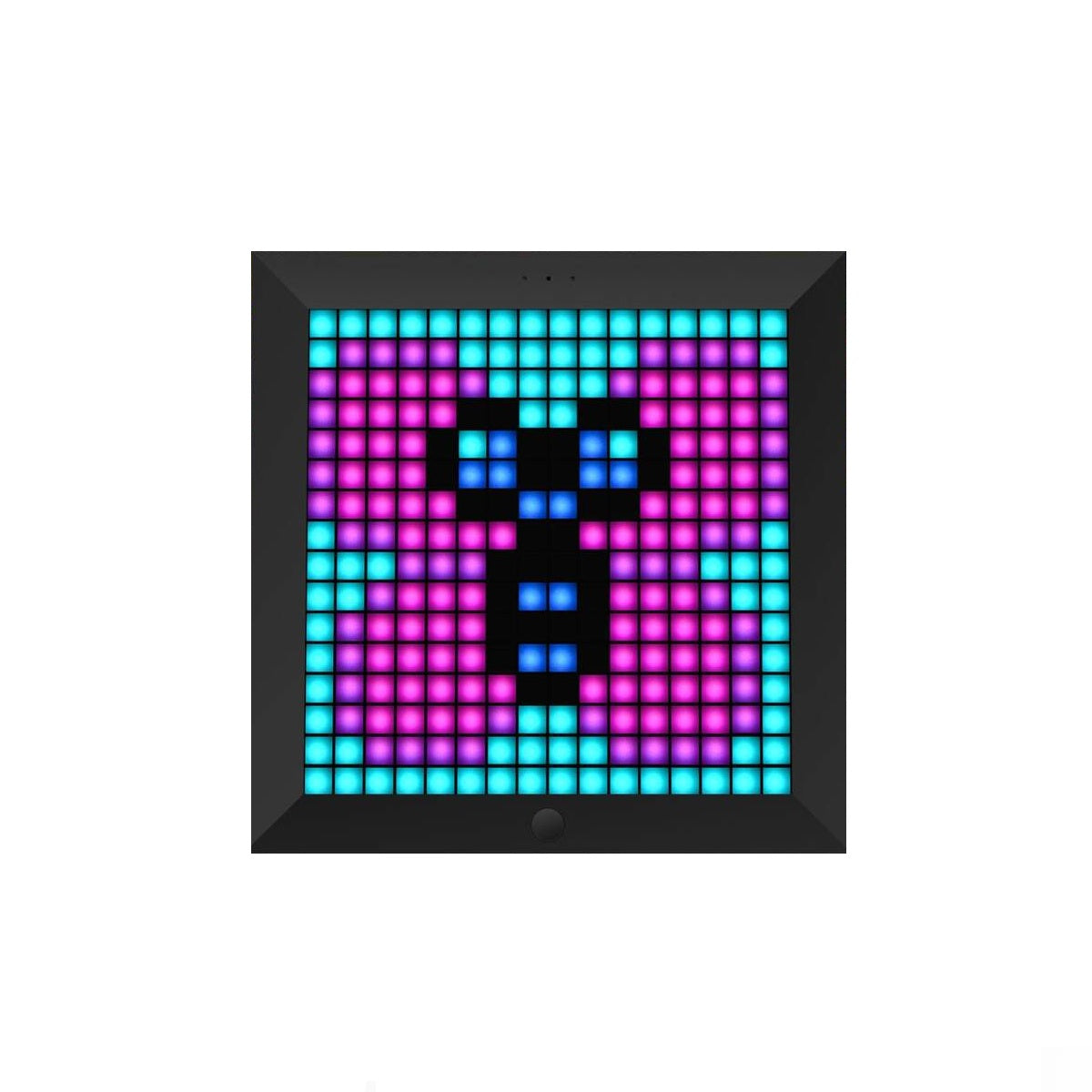 Pixelated face design on a digital display with colorful lighting.
