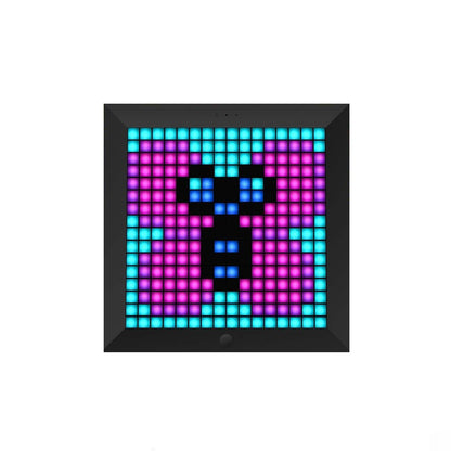 Pixelated face design on a digital display with colorful lighting.