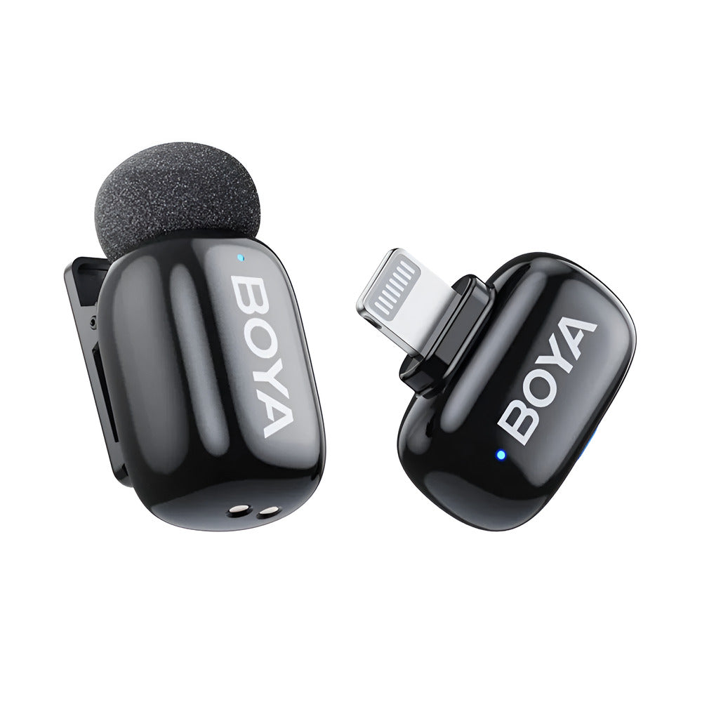 BOYA Mini‑16 Ultra‑Compact Wireless Microphone for iPhone & iPad (Lightning, 2.4 GHz, 100 m Range) BOYA wireless microphone transmitter and receiver on a white background