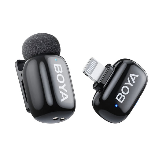 BOYA Mini‑16 Ultra‑Compact Wireless Microphone for iPhone & iPad (Lightning, 2.4 GHz, 100 m Range) BOYA wireless microphone transmitter and receiver on a white background