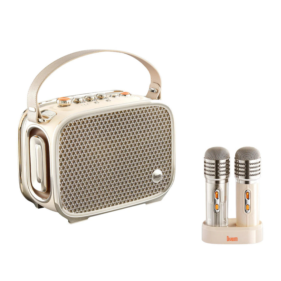 Portable speaker with two microphones on a white background