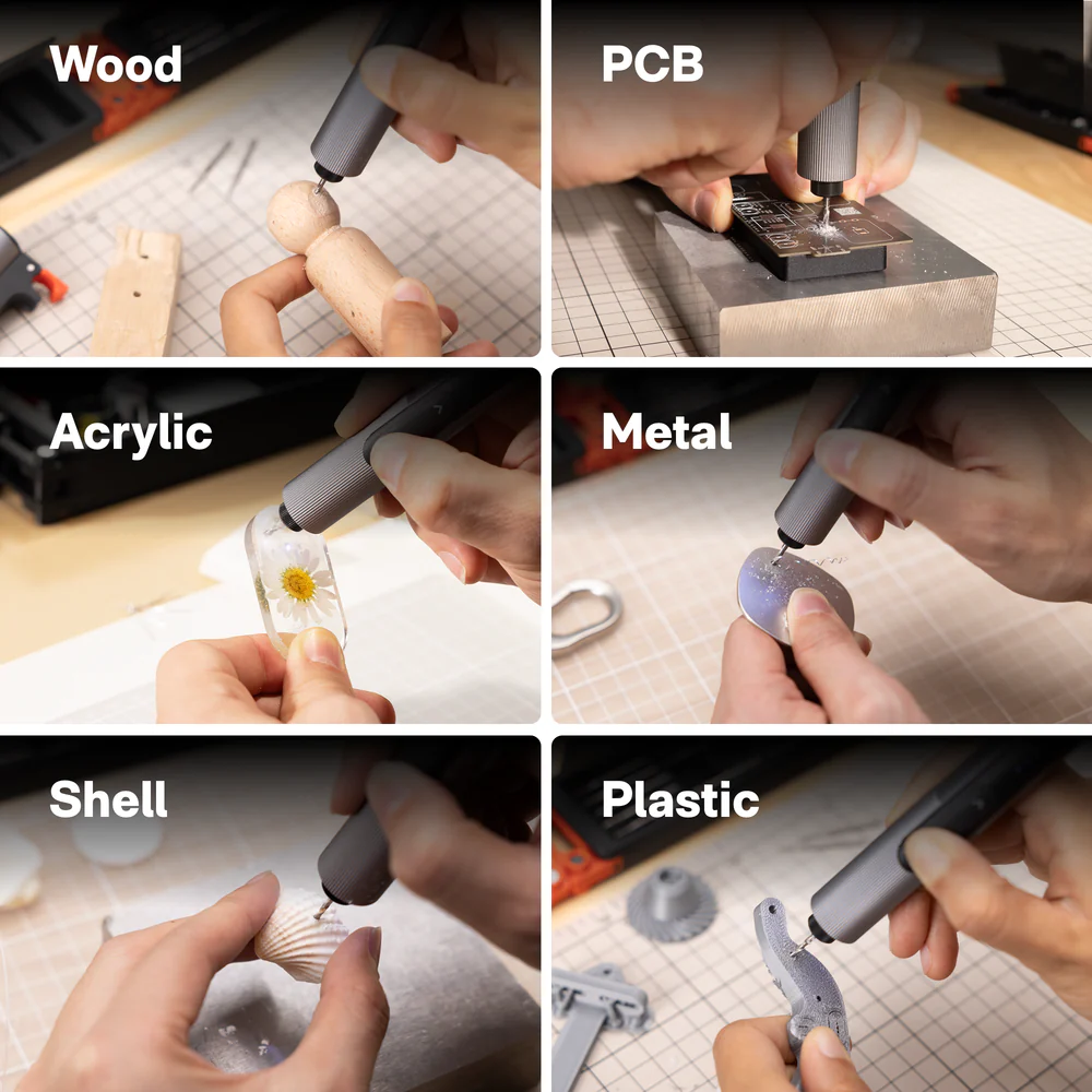 Collage of a tool being used on various materials including wood, PCB, acrylic, metal, shell, and plastic.