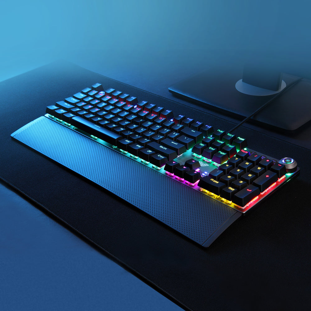 Gaming keyboard with RGB lighting on a desk