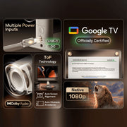Features of a Google TV system with power inputs, ToF technology, Dolby Audio, and 1080p resolution on a dark background.