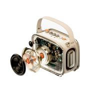 Portable radio with clear casing on a white background